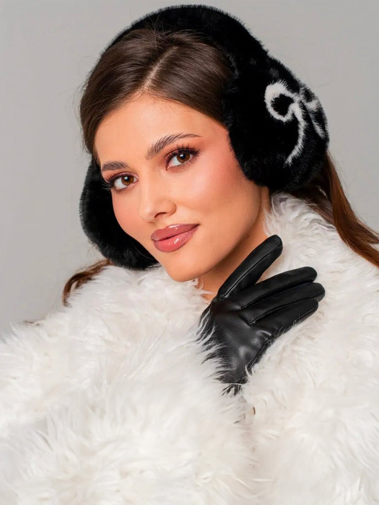 Cache - oreilles femme hiver, fourrure douce éco, motif nœud contrasté, confort thermique, protection vent et froid, accessoire mode cocooning, modèle Diksi - Cache - oreilles - Noir