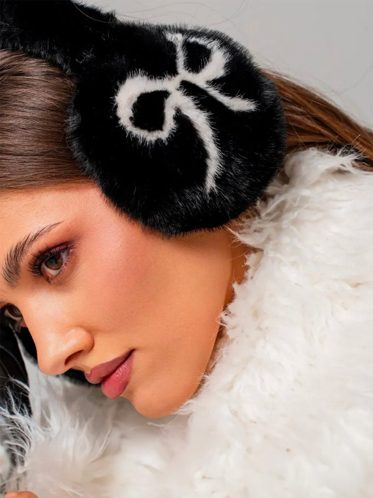 Cache - oreilles femme hiver, fourrure douce éco, motif nœud contrasté, confort thermique, protection vent et froid, accessoire mode cocooning, modèle Diksi - Cache - oreilles - Noir