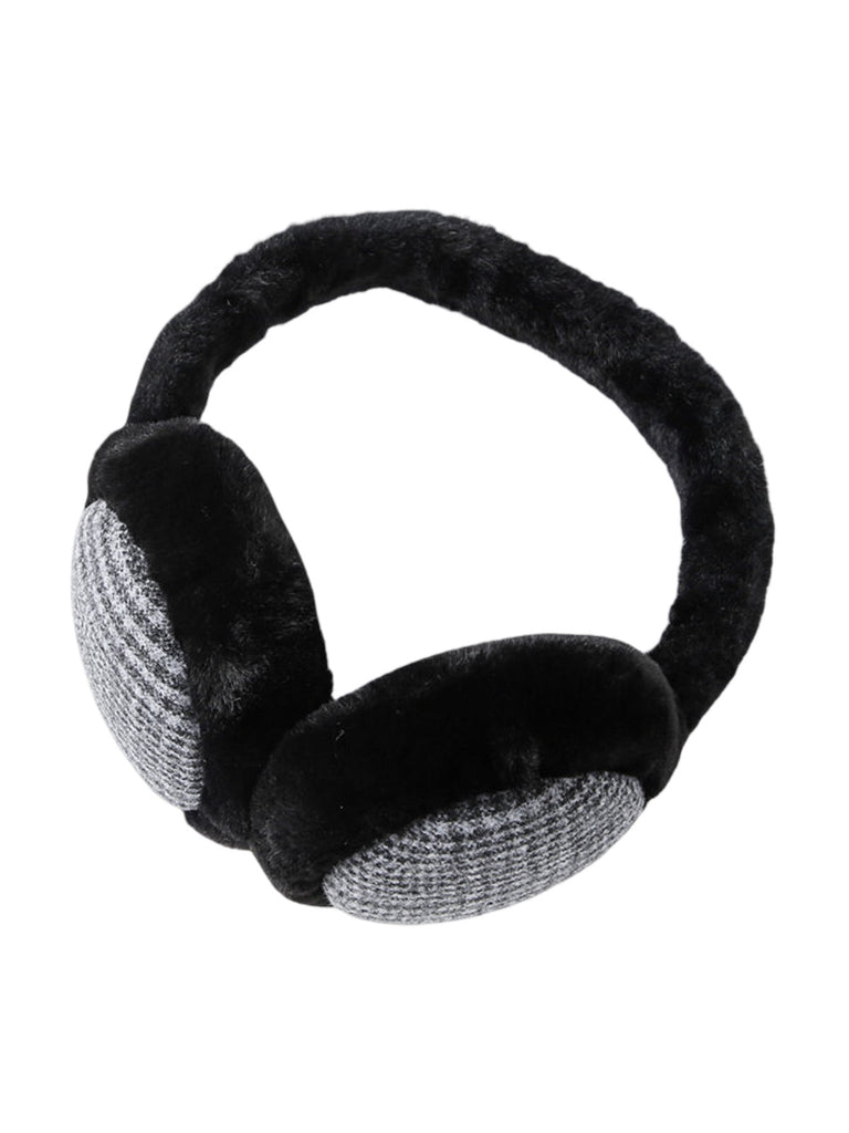 Cache - oreilles hiver doux chaud, fourrure peluche épaisse, motif à carreaux, protection oreilles coupe - vent, accessoire mixte, modèle Témia - Cache - oreilles - Noir