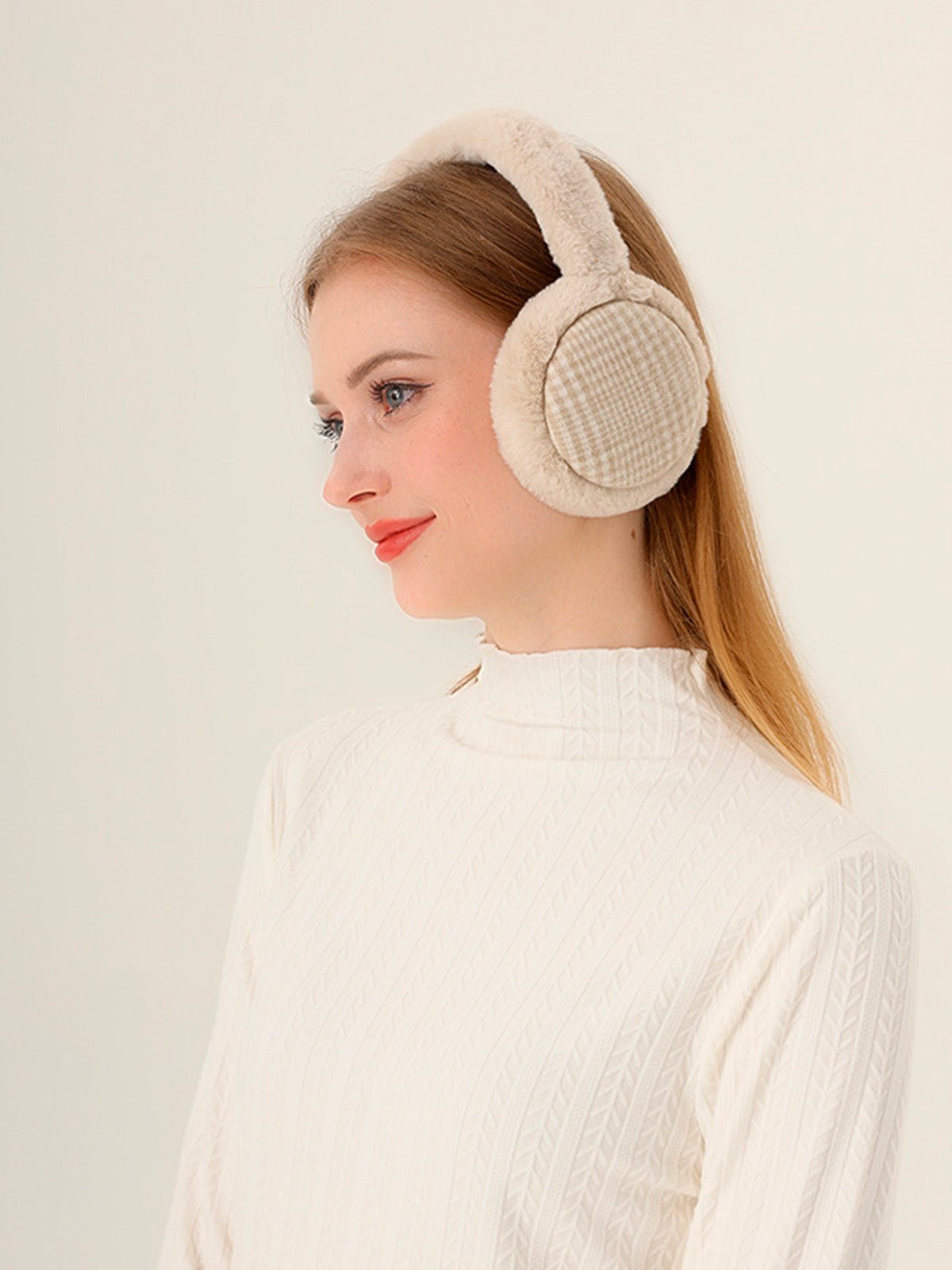 Cache - oreilles hiver doux chaud, fourrure peluche épaisse, motif à carreaux, protection oreilles coupe - vent, accessoire mixte, modèle Témia - Cache - oreilles - Beige