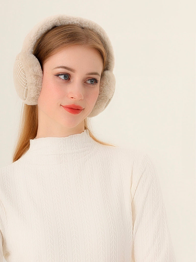 Cache - oreilles hiver doux chaud, fourrure peluche épaisse, motif à carreaux, protection oreilles coupe - vent, accessoire mixte, modèle Témia - Cache - oreilles - Beige