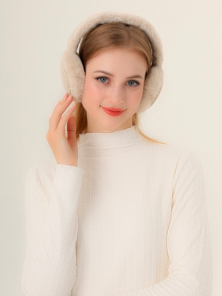 Cache - oreilles hiver doux chaud, fourrure peluche épaisse, motif à carreaux, protection oreilles coupe - vent, accessoire mixte, modèle Témia - Cache - oreilles - Beige