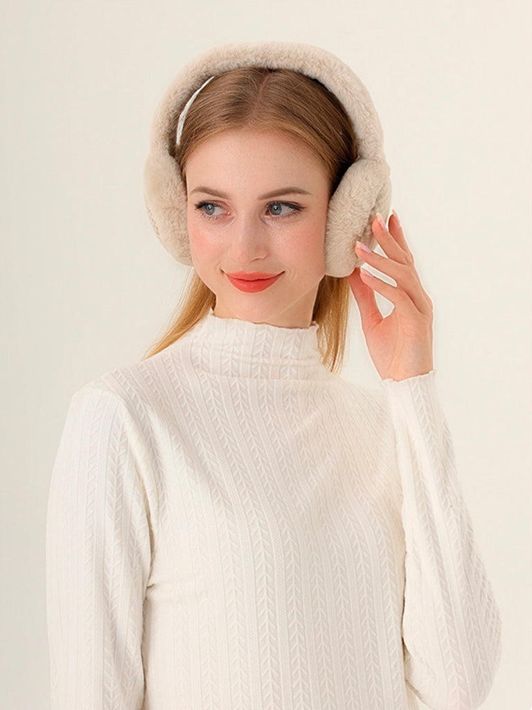 Cache - oreilles hiver doux chaud, fourrure peluche épaisse, motif à carreaux, protection oreilles coupe - vent, accessoire mixte, modèle Témia - Cache - oreilles - Beige