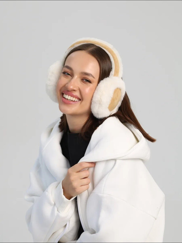 Cache - oreilles hiver femme, oreillettes chaudes, fausse fourrure douce, pliables, confort thermique, anti - froid, protection vent, accessoire mode hiver, modèle Umine - Cache - oreilles - Blanc et camel