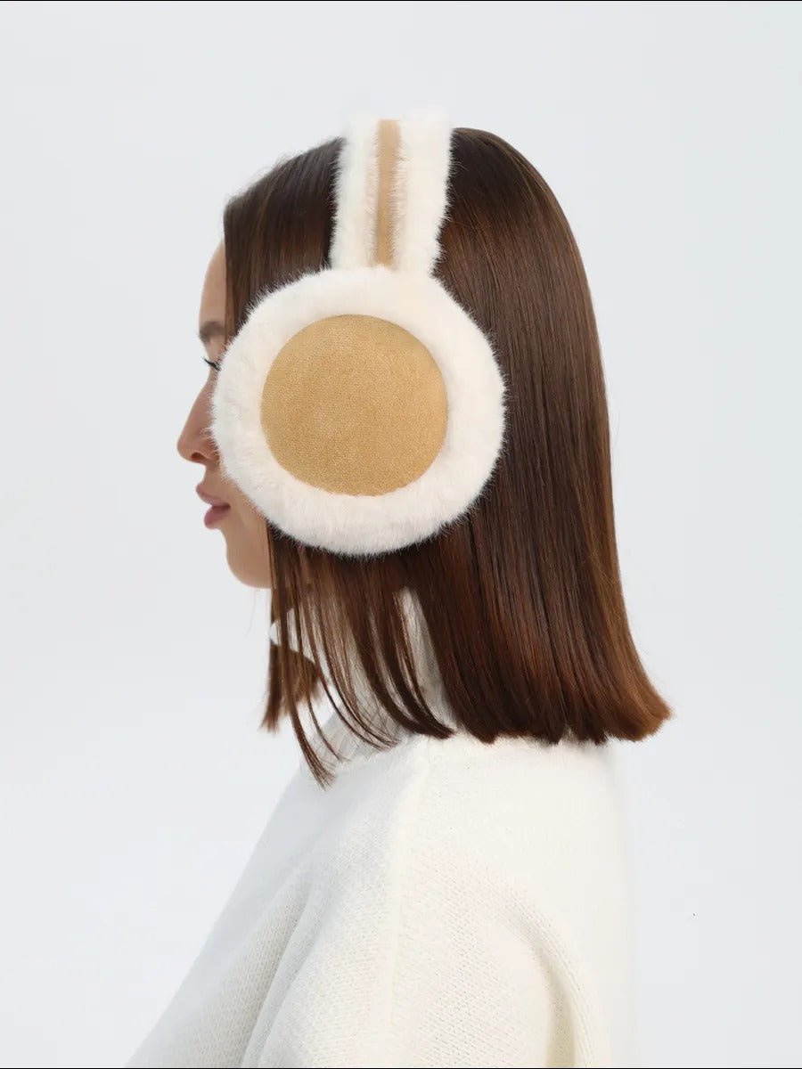 Cache - oreilles hiver femme, oreillettes chaudes, fausse fourrure douce, pliables, confort thermique, anti - froid, protection vent, accessoire mode hiver, modèle Umine - Cache - oreilles - Blanc et camel
