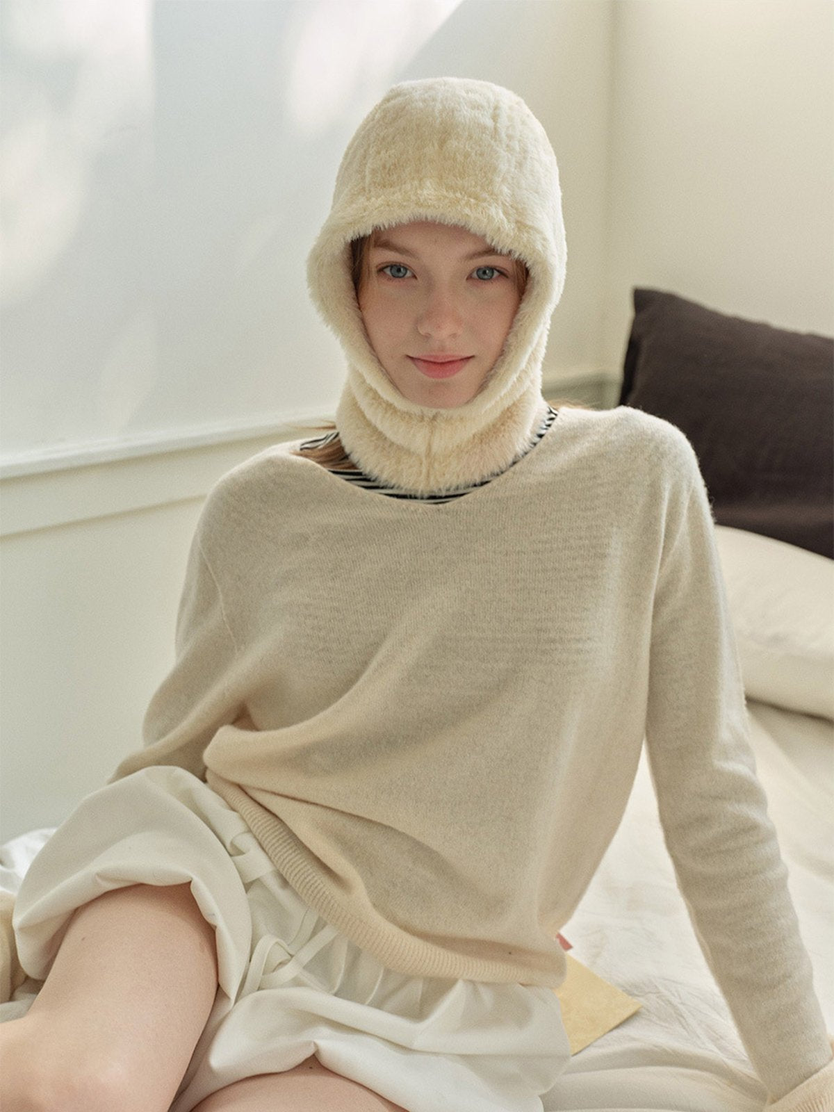 Cagoule douce fausse fourrure, bonnet balaclava chaud hiver, cagoule unisexe, cagoule polaire colorée, cagoule tricotée douce, cagoule confort cocon, modèle Parkie - Écharpe - Blanc écru