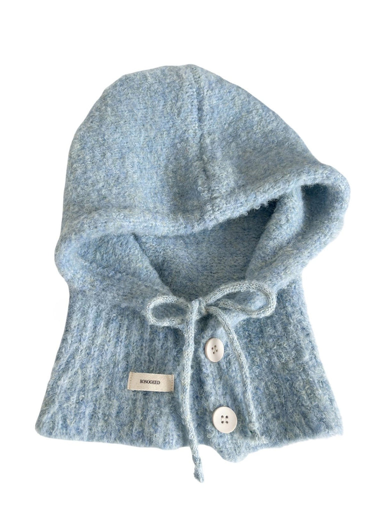 Cagoule femme hiver, bonnet capuche tricoté, laine mélangée chaude, cagoule avec cordons, cache - oreilles, style moderne, bonnet col intégré, confort douillet, modèle Camela - Écharpe - Bleu