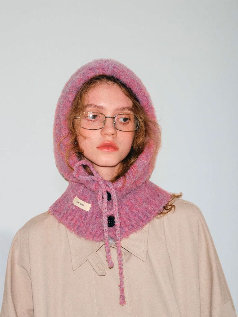 Cagoule femme hiver, bonnet capuche tricoté, laine mélangée chaude, cagoule avec cordons, cache - oreilles, style moderne, bonnet col intégré, confort douillet, modèle Camela - Écharpe - Rose