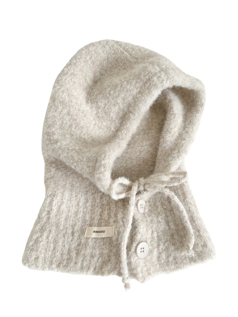Cagoule femme hiver, bonnet capuche tricoté, laine mélangée chaude, cagoule avec cordons, cache - oreilles, style moderne, bonnet col intégré, confort douillet, modèle Camela - Écharpe - Beige