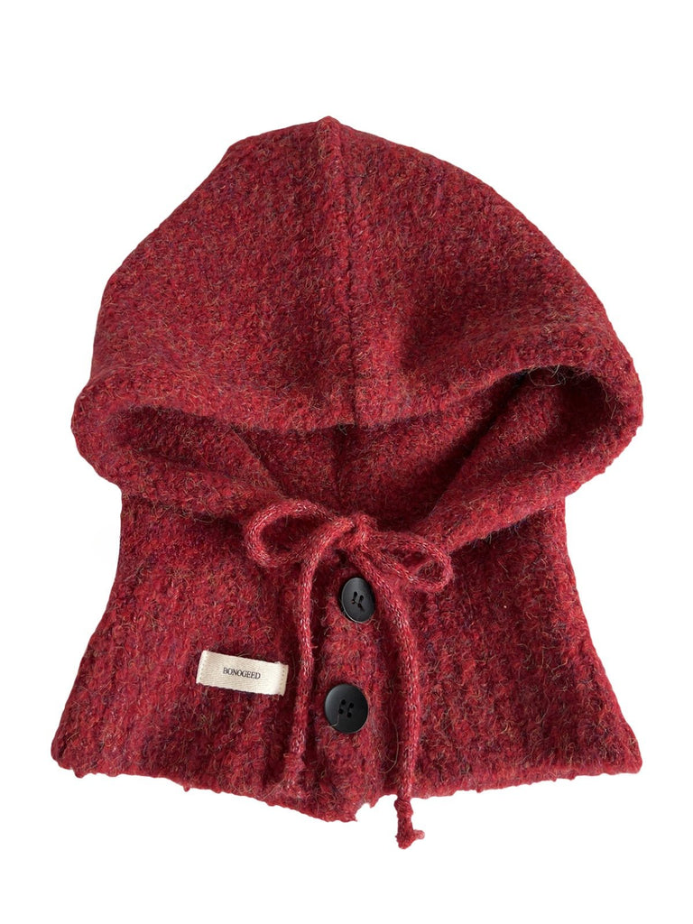 Cagoule femme hiver, bonnet capuche tricoté, laine mélangée chaude, cagoule avec cordons, cache - oreilles, style moderne, bonnet col intégré, confort douillet, modèle Camela - Écharpe - Rouge