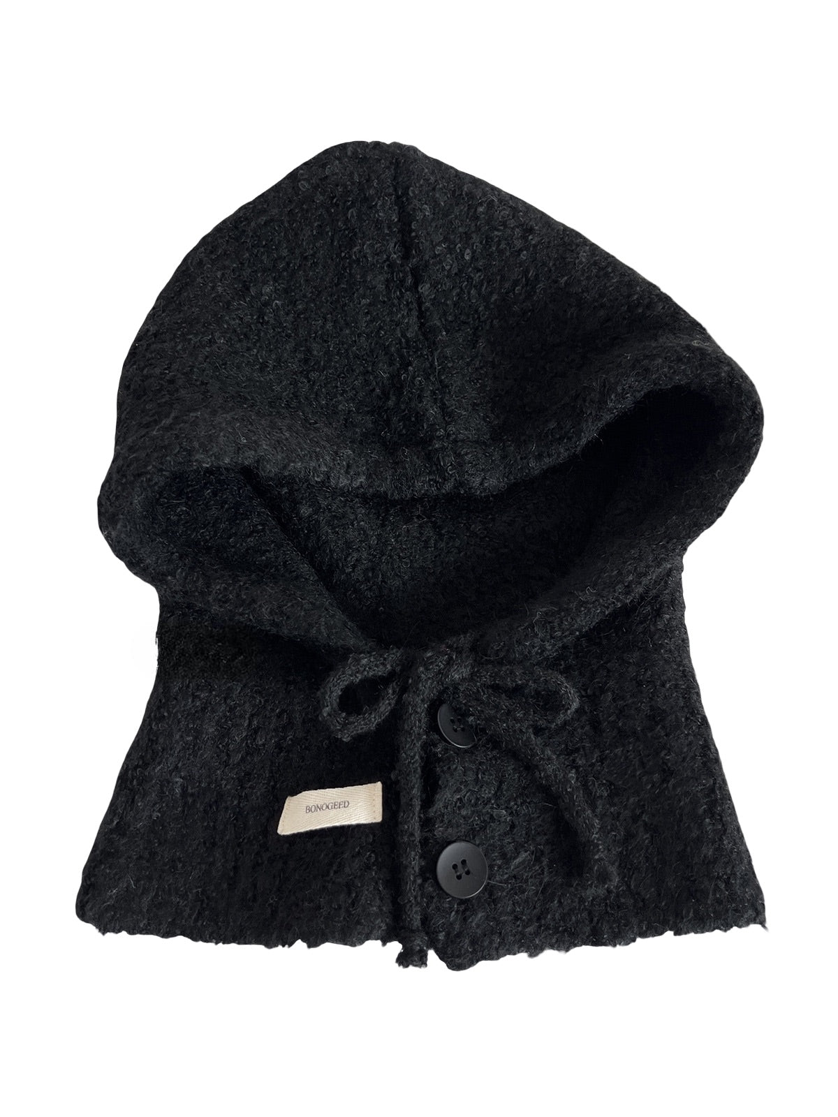 Cagoule femme hiver, bonnet capuche tricoté, laine mélangée chaude, cagoule avec cordons, cache - oreilles, style moderne, bonnet col intégré, confort douillet, modèle Camela - Écharpe - Noir