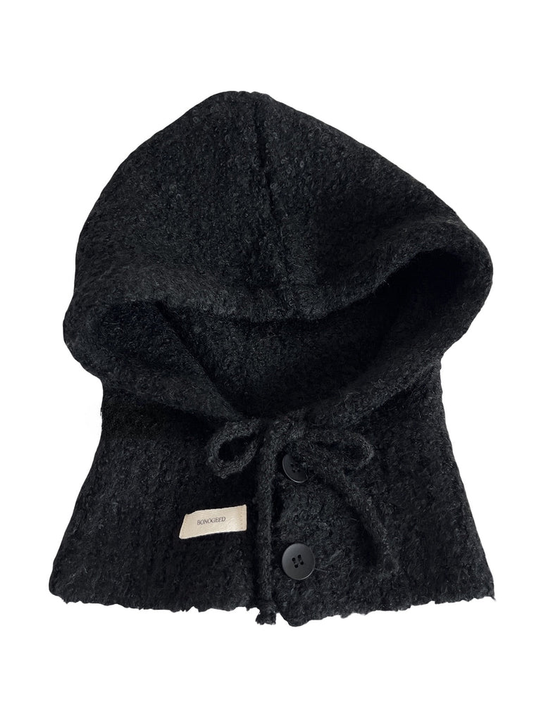 Cagoule femme hiver, bonnet capuche tricoté, laine mélangée chaude, cagoule avec cordons, cache - oreilles, style moderne, bonnet col intégré, confort douillet, modèle Camela - Écharpe - Noir