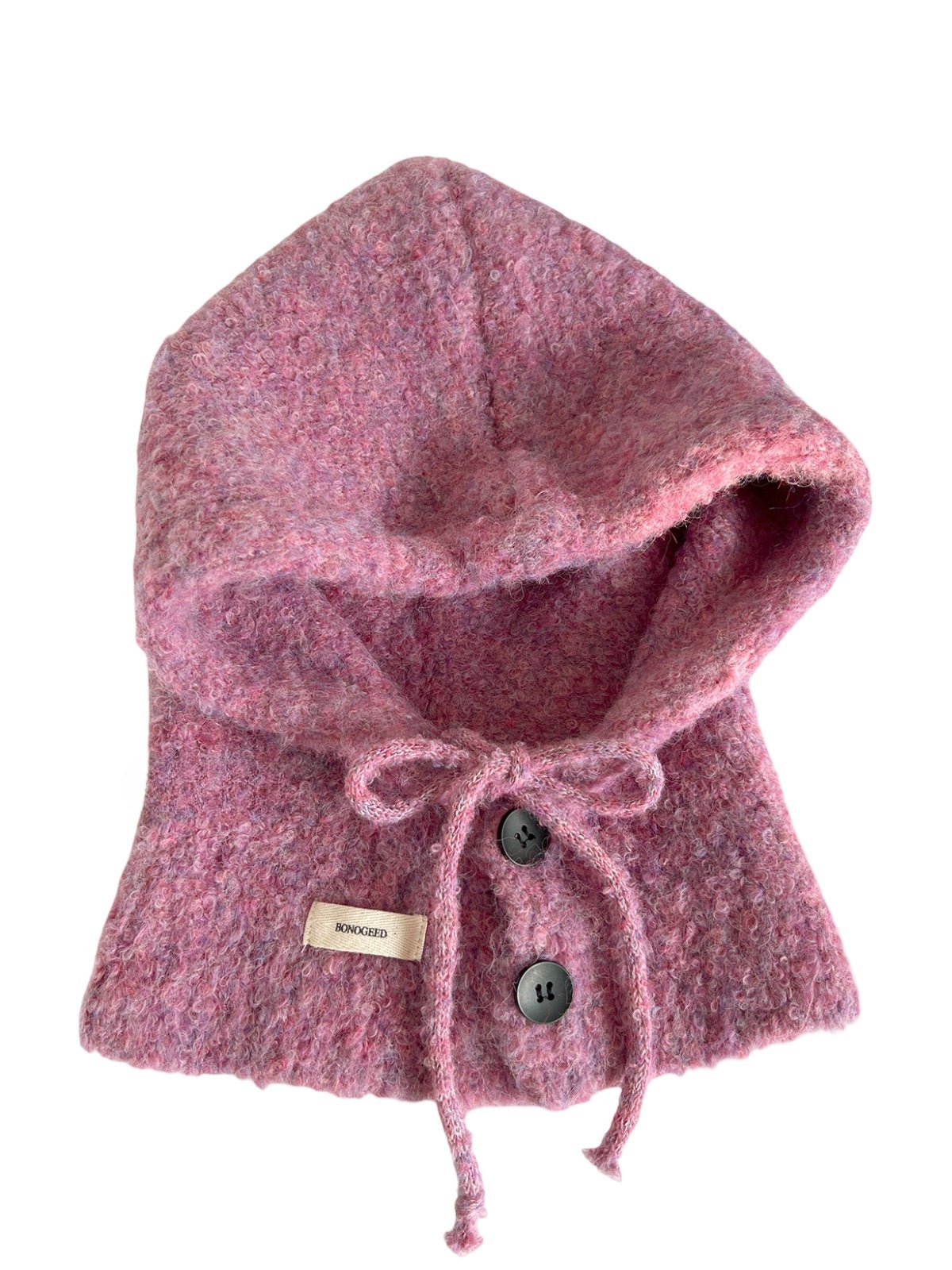 Cagoule femme hiver, bonnet capuche tricoté, laine mélangée chaude, cagoule avec cordons, cache - oreilles, style moderne, bonnet col intégré, confort douillet, modèle Camela - Écharpe - Rose