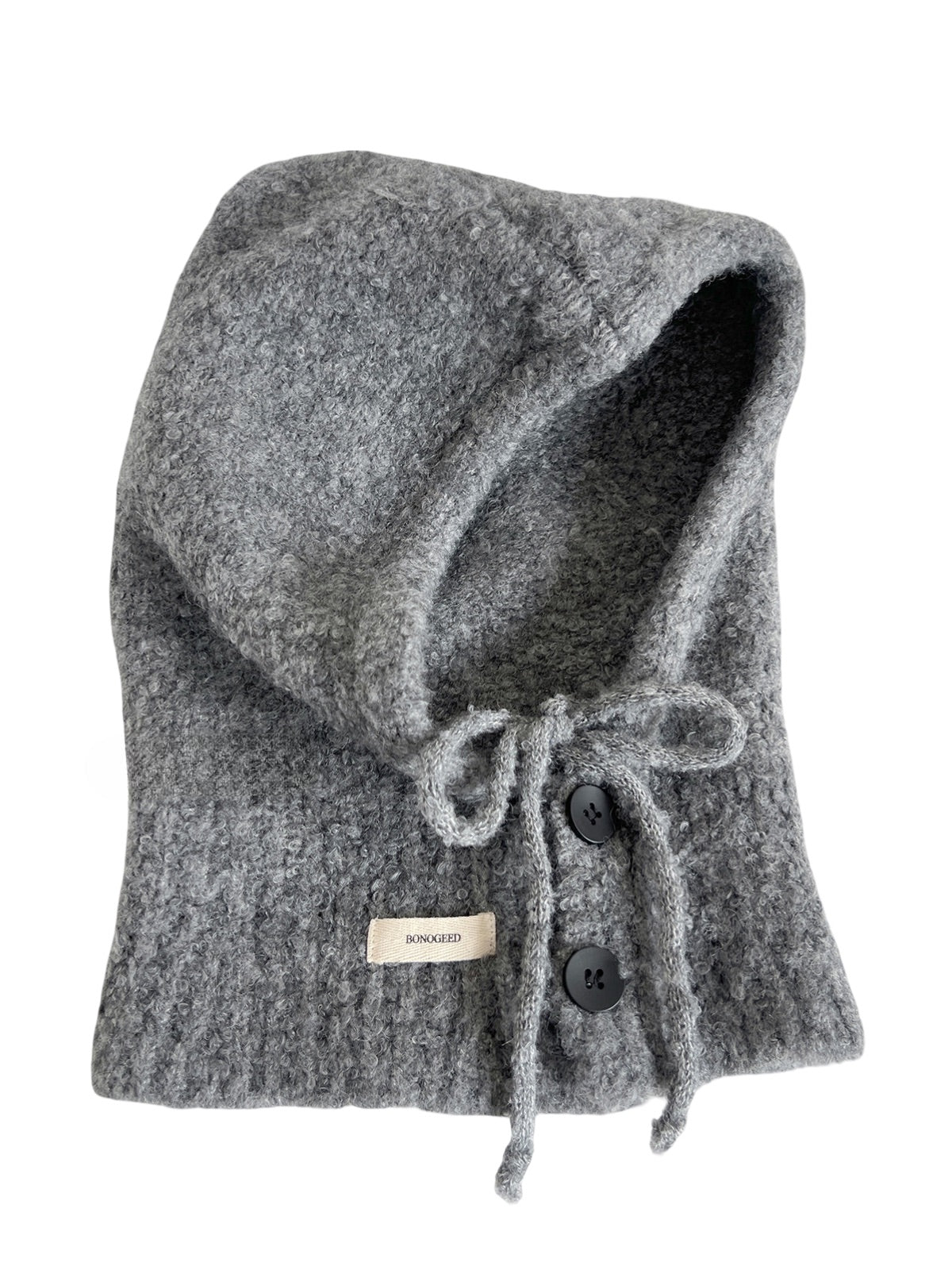 Cagoule femme hiver, bonnet capuche tricoté, laine mélangée chaude, cagoule avec cordons, cache - oreilles, style moderne, bonnet col intégré, confort douillet, modèle Camela - Écharpe - Gris