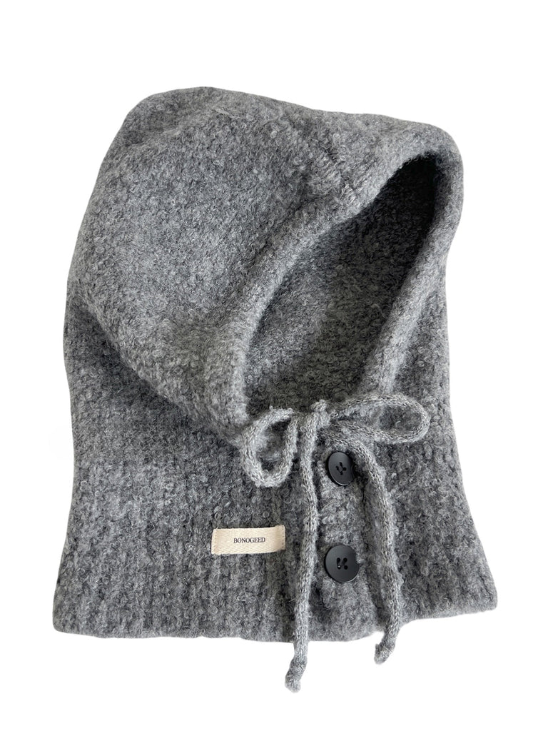 Cagoule femme hiver, bonnet capuche tricoté, laine mélangée chaude, cagoule avec cordons, cache - oreilles, style moderne, bonnet col intégré, confort douillet, modèle Camela - Écharpe - Gris