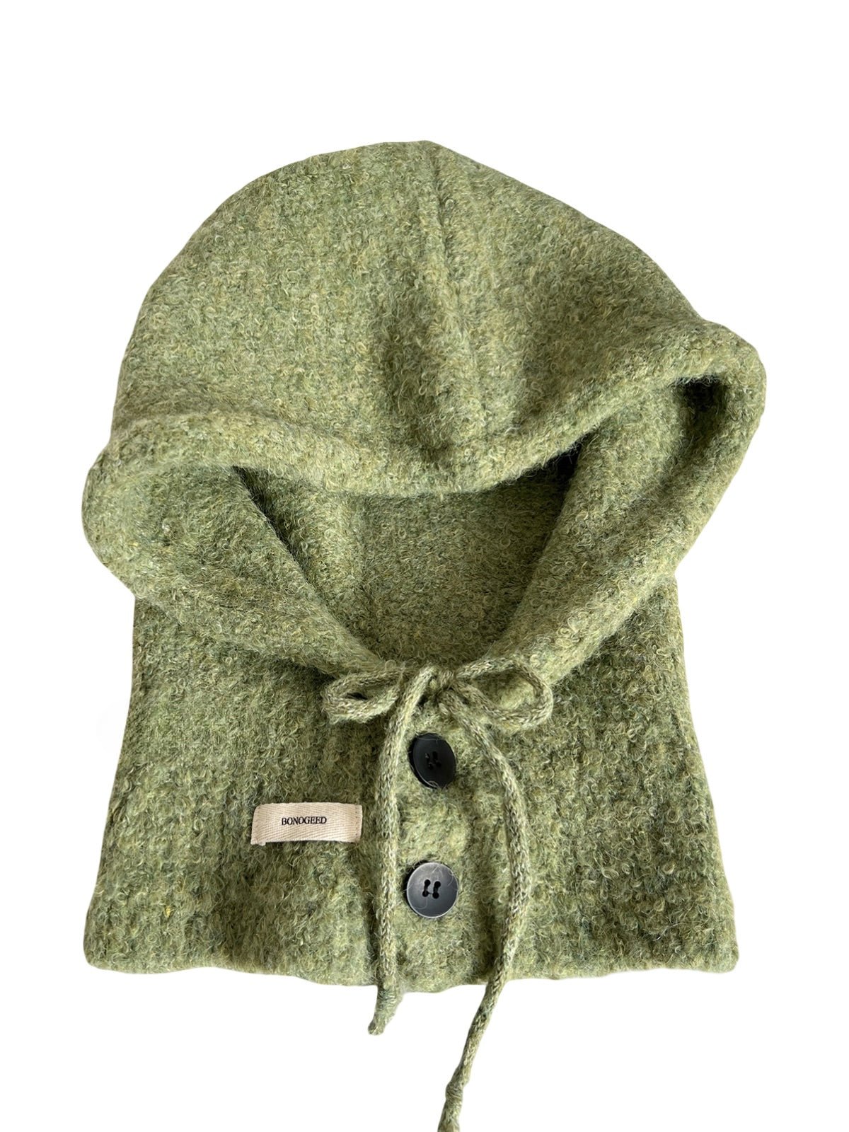 Cagoule femme hiver, bonnet capuche tricoté, laine mélangée chaude, cagoule avec cordons, cache - oreilles, style moderne, bonnet col intégré, confort douillet, modèle Camela - Écharpe - Vert