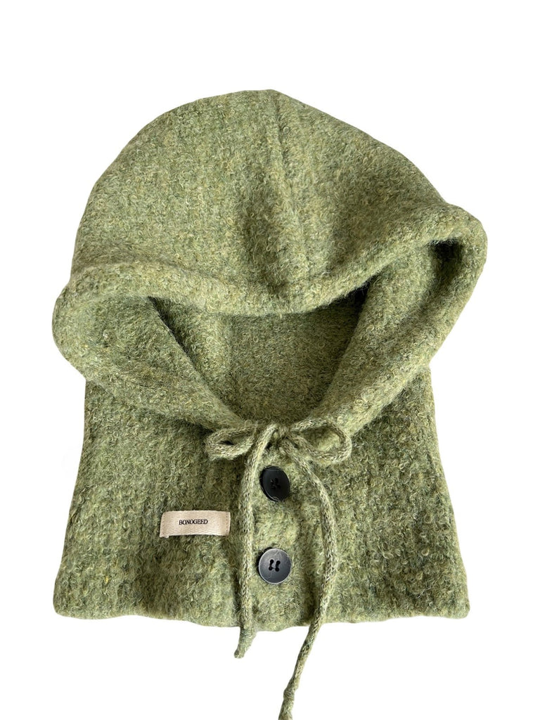 Cagoule femme hiver, bonnet capuche tricoté, laine mélangée chaude, cagoule avec cordons, cache - oreilles, style moderne, bonnet col intégré, confort douillet, modèle Camela - Écharpe - Vert