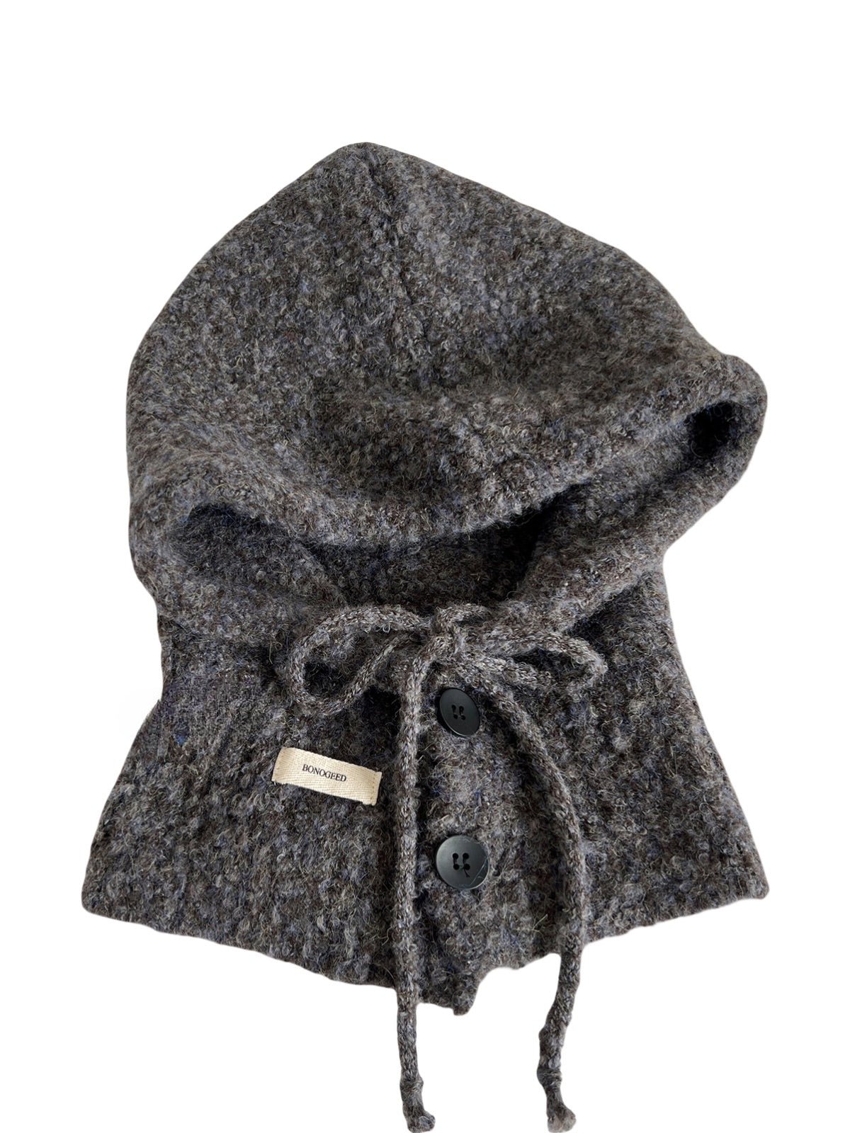 Cagoule femme hiver, bonnet capuche tricoté, laine mélangée chaude, cagoule avec cordons, cache - oreilles, style moderne, bonnet col intégré, confort douillet, modèle Camela - Écharpe - Gris foncé