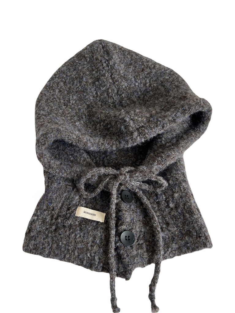 Cagoule femme hiver, bonnet capuche tricoté, laine mélangée chaude, cagoule avec cordons, cache - oreilles, style moderne, bonnet col intégré, confort douillet, modèle Camela - Écharpe - Gris foncé