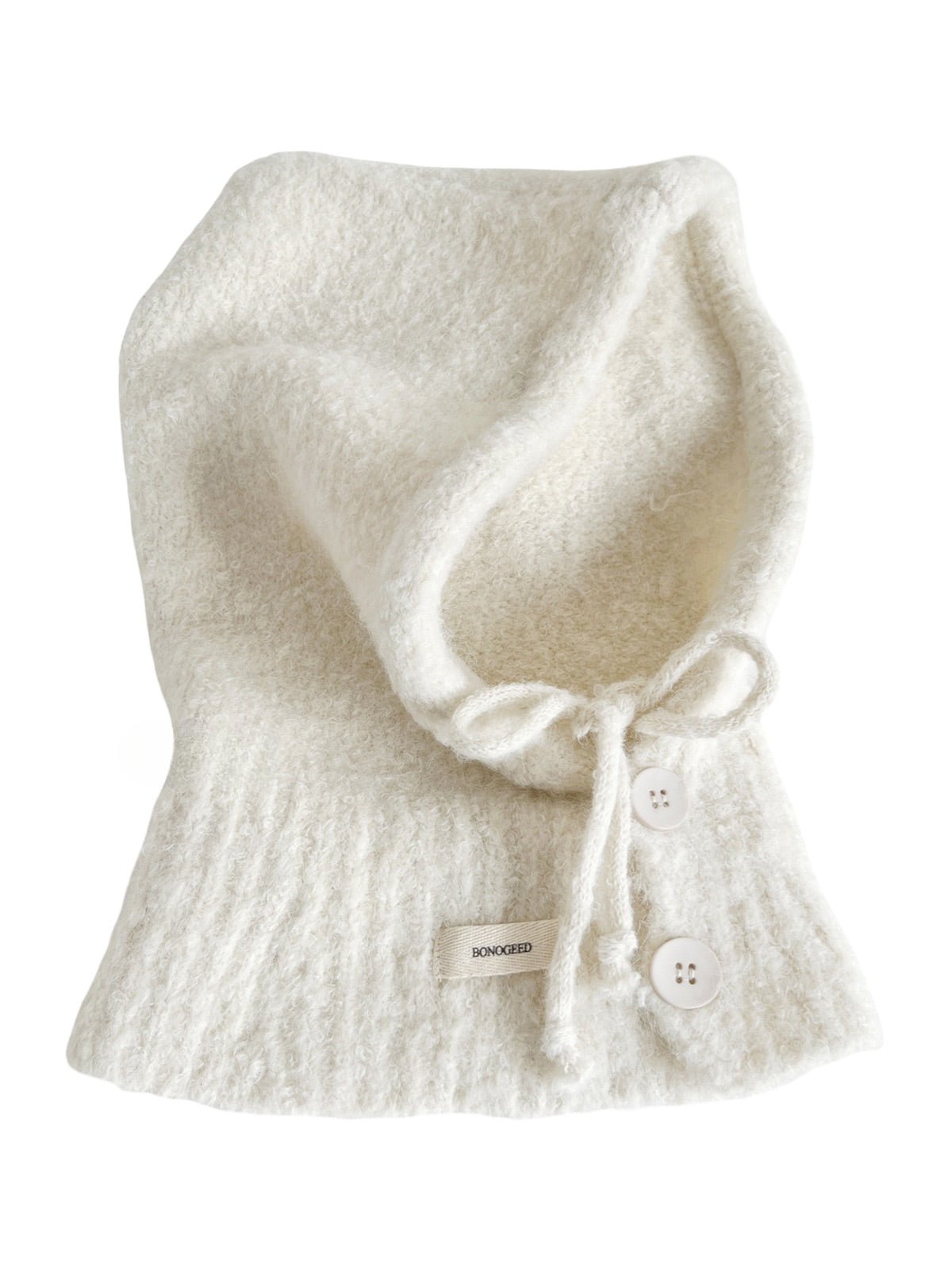Cagoule femme hiver, bonnet capuche tricoté, laine mélangée chaude, cagoule avec cordons, cache - oreilles, style moderne, bonnet col intégré, confort douillet, modèle Camela - Écharpe - Blanc