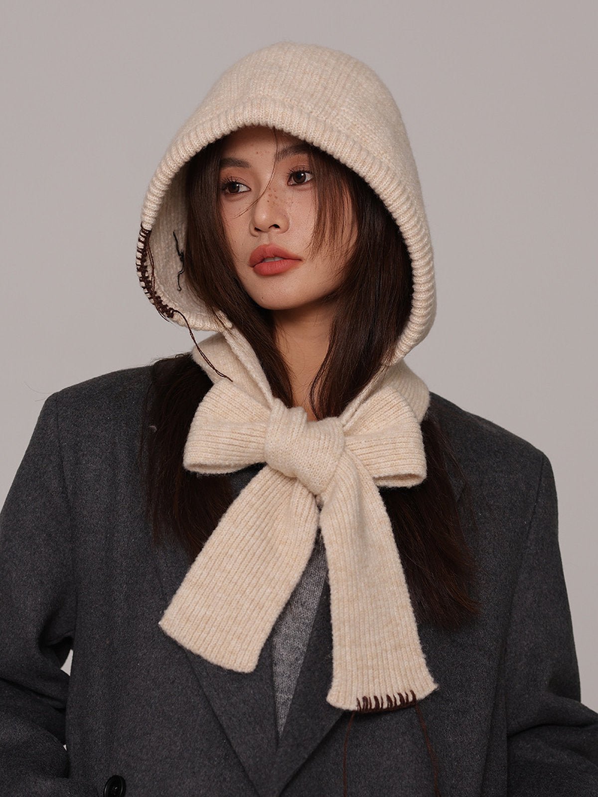 Cagoule femme hiver, écharpe tricot laine intégrée, bonnet capuche chaude, balaclava douce et confortable, cagoule mode, modèle Dipsy - Écharpe - Beige