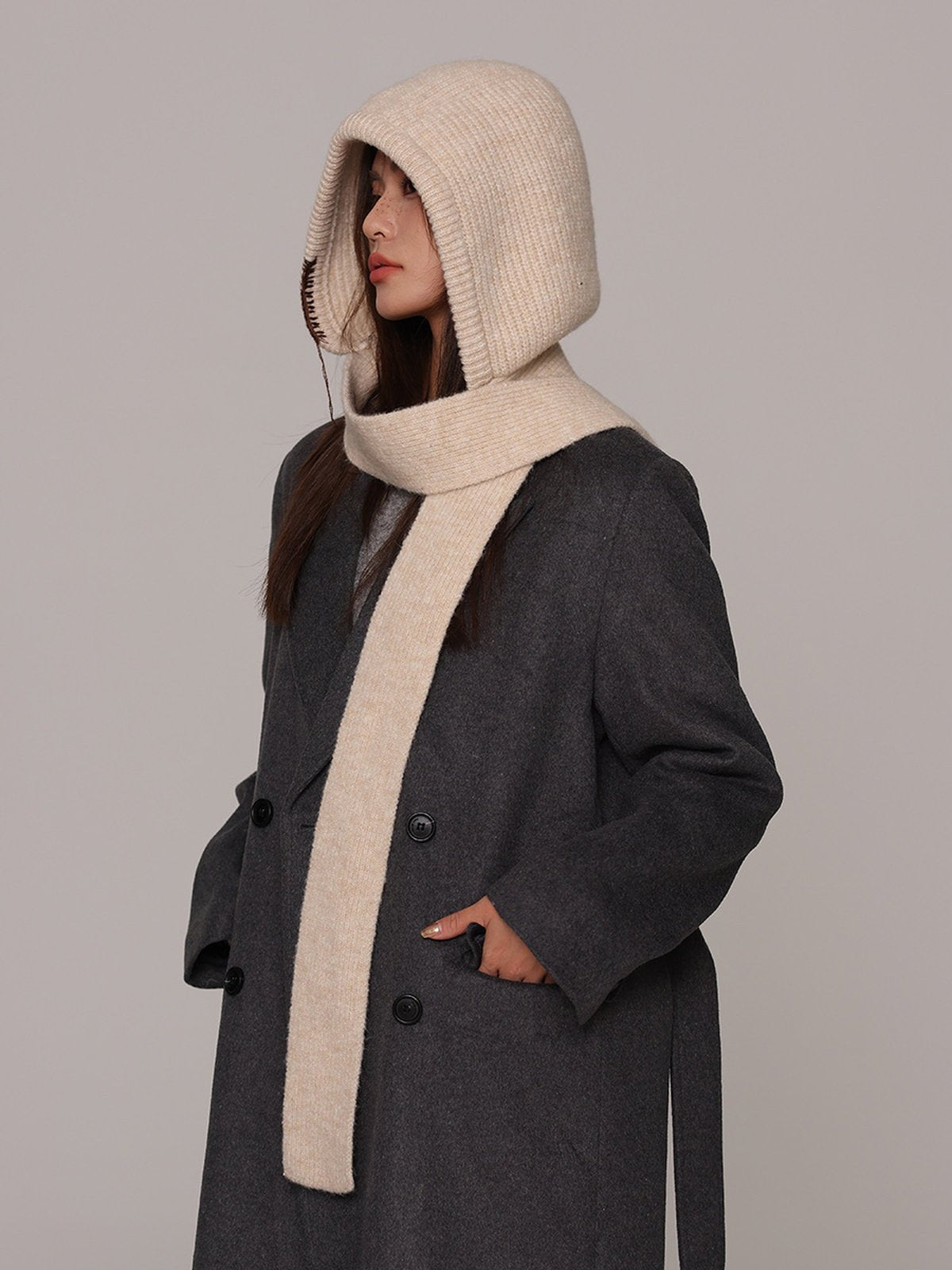 Cagoule femme hiver, écharpe tricot laine intégrée, bonnet capuche chaude, balaclava douce et confortable, cagoule mode, modèle Dipsy - Écharpe - Beige