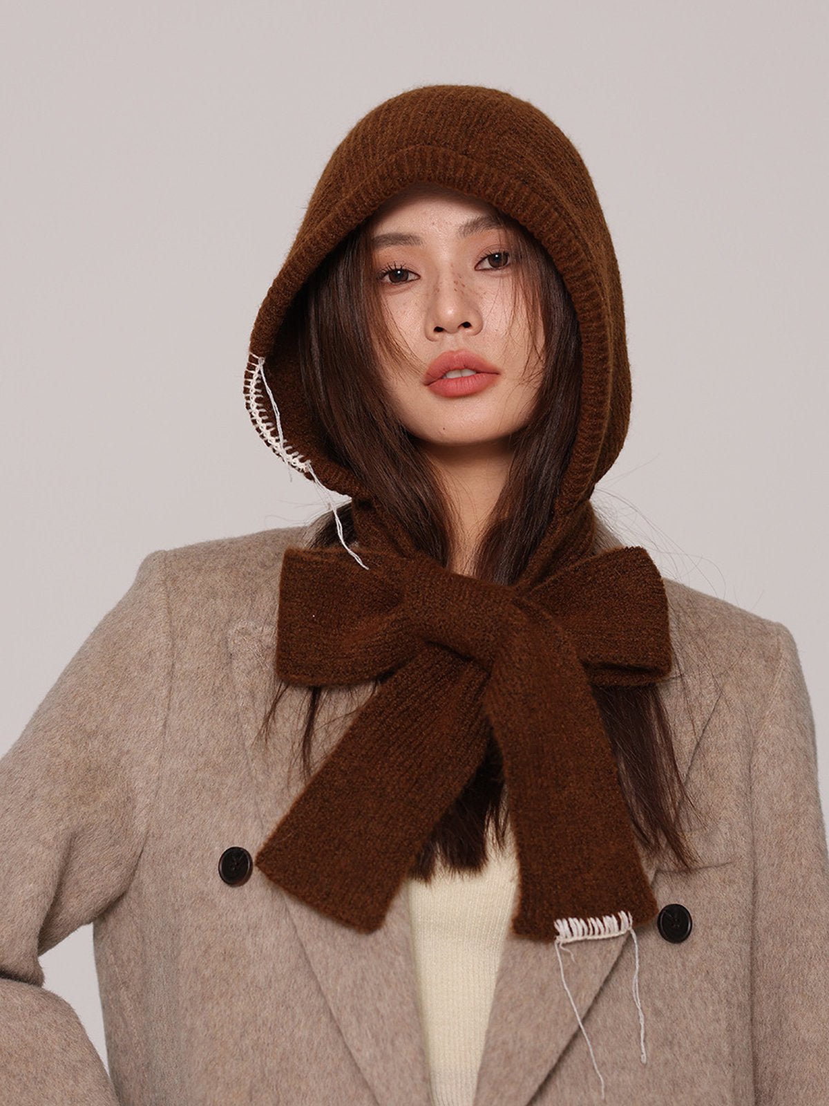 Cagoule femme hiver, écharpe tricot laine intégrée, bonnet capuche chaude, balaclava douce et confortable, cagoule mode, modèle Dipsy - Écharpe - Marron