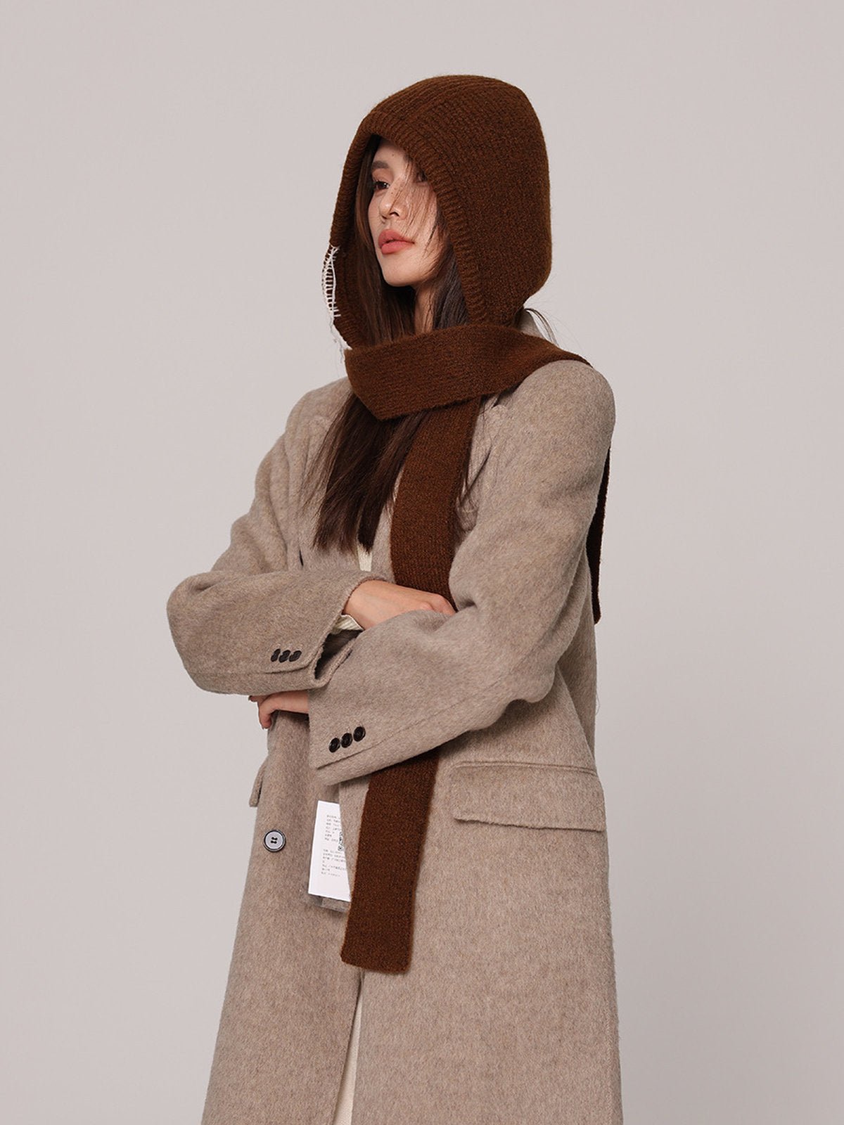 Cagoule femme hiver, écharpe tricot laine intégrée, bonnet capuche chaude, balaclava douce et confortable, cagoule mode, modèle Dipsy - Écharpe - Marron