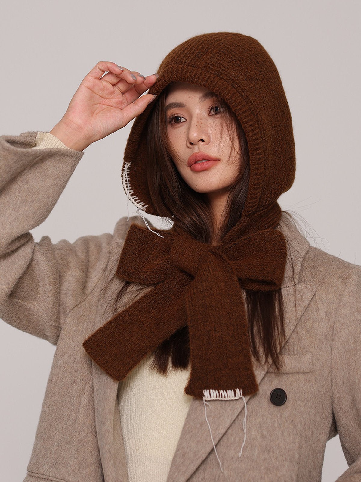 Cagoule femme hiver, écharpe tricot laine intégrée, bonnet capuche chaude, balaclava douce et confortable, cagoule mode, modèle Dipsy - Écharpe - Marron