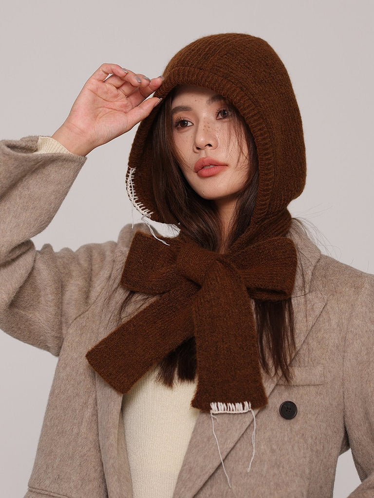 Cagoule femme hiver, écharpe tricot laine intégrée, bonnet capuche chaude, balaclava douce et confortable, cagoule mode, modèle Dipsy - Écharpe - Marron