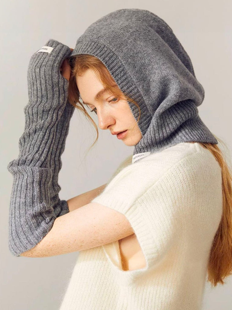 Cagoule femme laine mérinos, tricot doux et chaud, col intégré hiver, accessoire mode protection froid, bonnet cagoule chic, modèle Olise - Écharpe - Gris