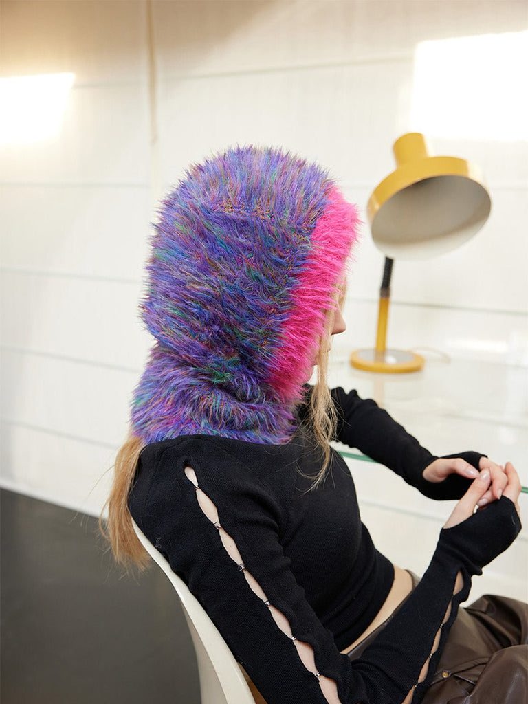 Cagoule tricotée douce, bonnet col intégré en fausse fourrure, accessoire hiver chaud et coloré, modèle Nitra - Écharpe - Rose