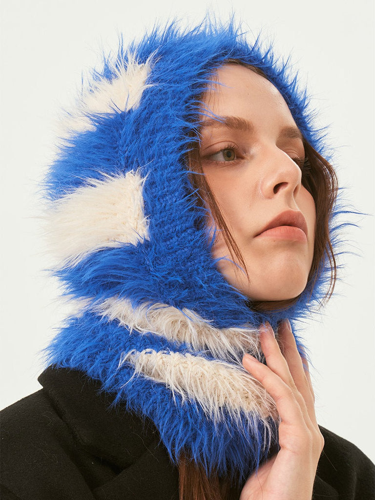 Cagoule tricotée douce en fausse fourrure, unisexe chaude, à rayures, cagoule d’hiver colorée, style streetwear, moelleuse à enfiler, modèle Yénize - Écharpe - Bleu