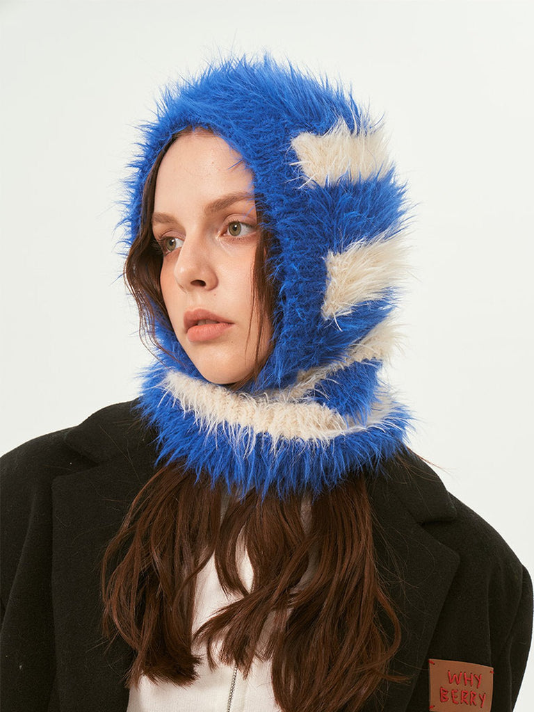 Cagoule tricotée douce en fausse fourrure, unisexe chaude, à rayures, cagoule d’hiver colorée, style streetwear, moelleuse à enfiler, modèle Yénize - Écharpe - Bleu