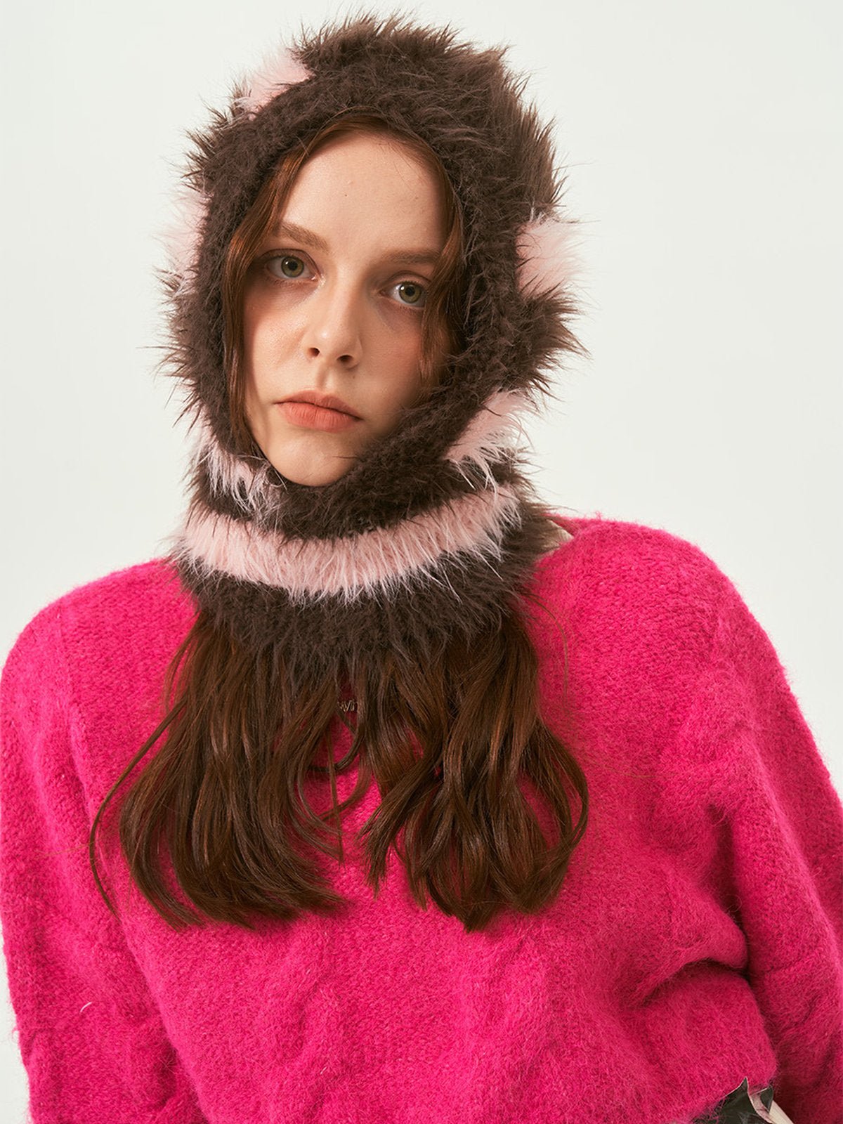 Cagoule tricotée douce en fausse fourrure, unisexe chaude, à rayures, cagoule d’hiver colorée, style streetwear, moelleuse à enfiler, modèle Yénize - Écharpe - Marron