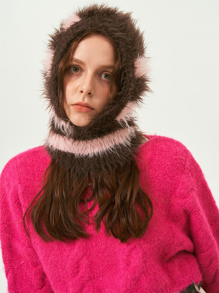 Cagoule tricotée douce en fausse fourrure, unisexe chaude, à rayures, cagoule d’hiver colorée, style streetwear, moelleuse à enfiler, modèle Yénize - Écharpe - Marron