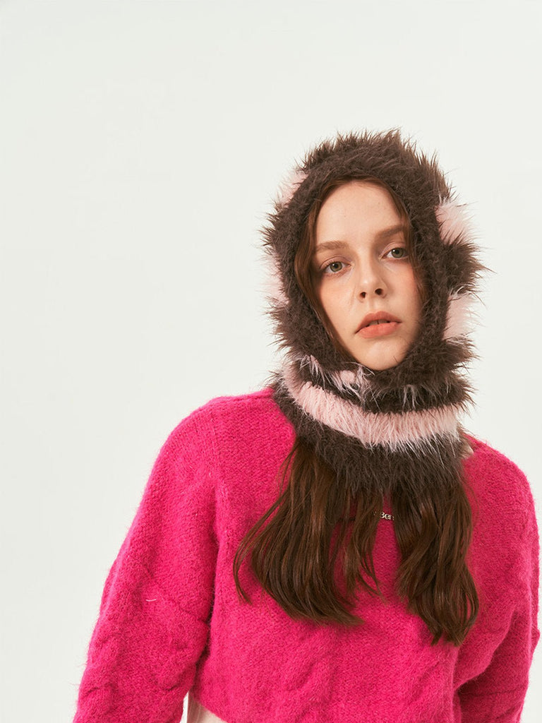 Cagoule tricotée douce en fausse fourrure, unisexe chaude, à rayures, cagoule d’hiver colorée, style streetwear, moelleuse à enfiler, modèle Yénize - Écharpe - Marron