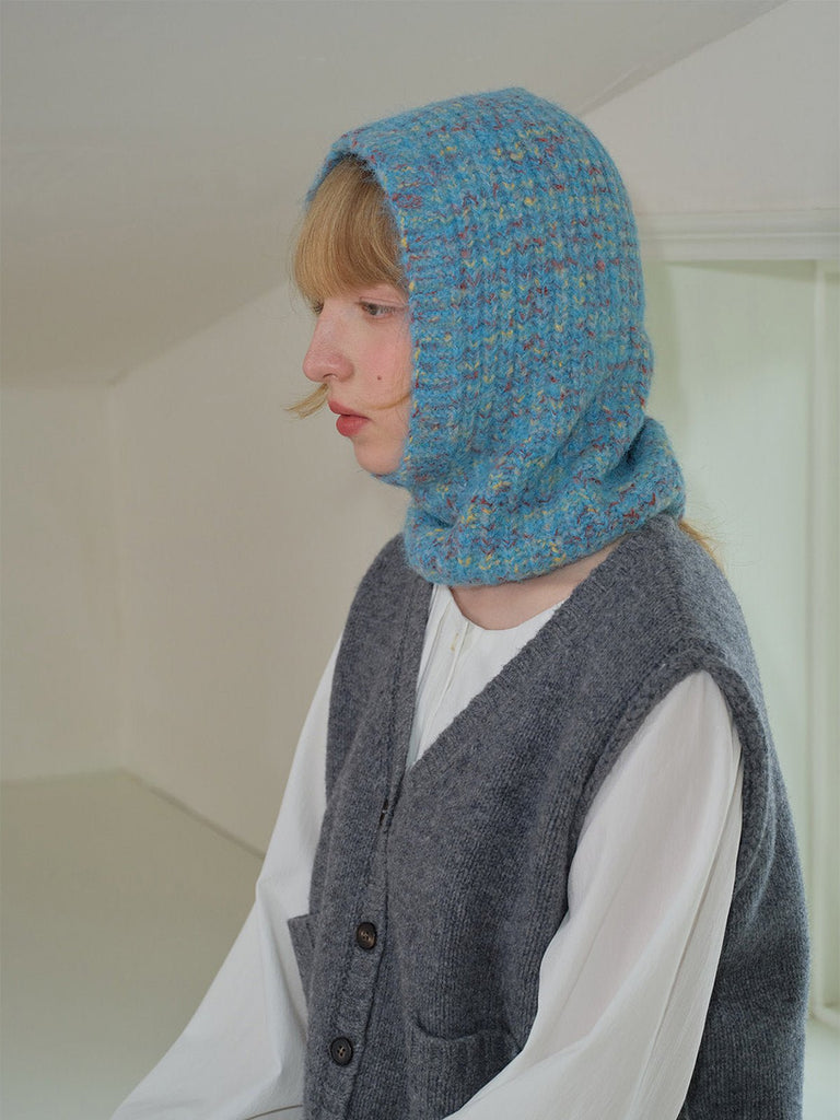 Cagoule tricotée femme hiver, cagoule en laine mélangée douce, capuche col intégrée, balaclava chaude, cagoule sans couture, bonnet cache - cou, modèle Békine - Écharpe - Bleu