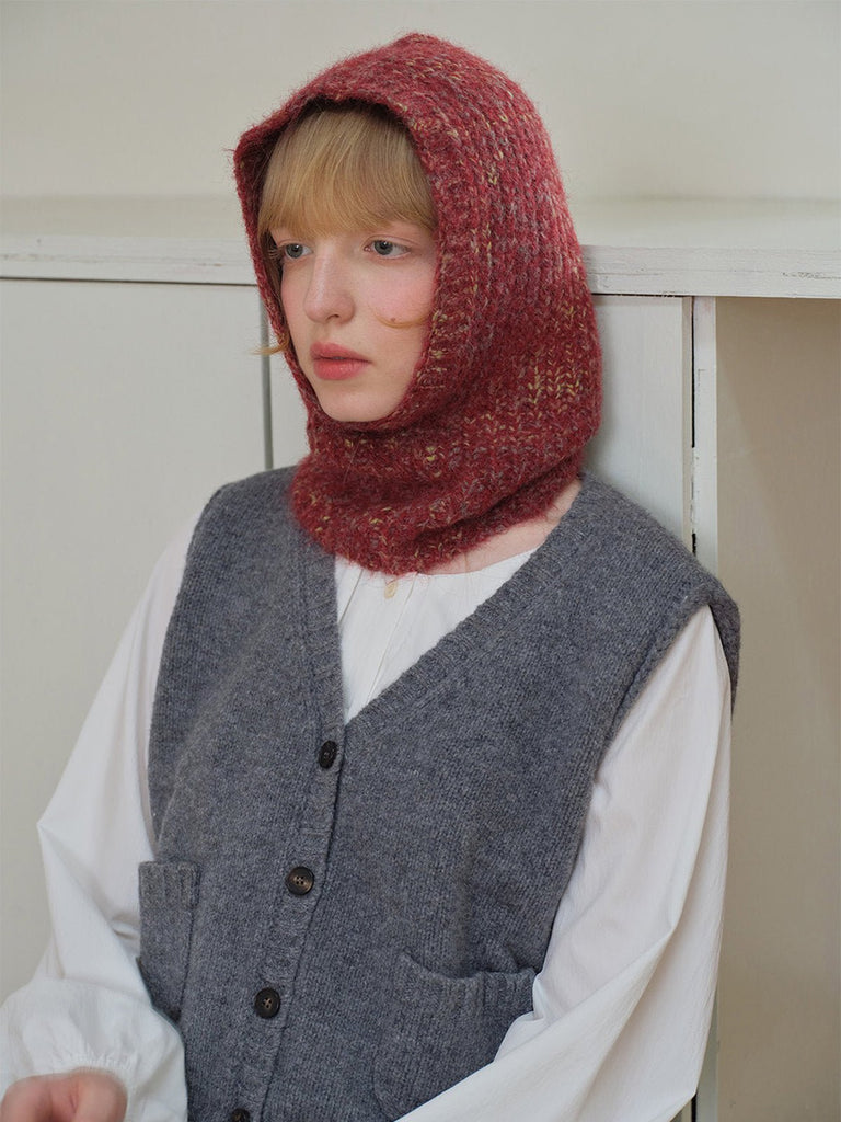 Cagoule tricotée femme hiver, cagoule en laine mélangée douce, capuche col intégrée, balaclava chaude, cagoule sans couture, bonnet cache - cou, modèle Békine - Écharpe - Rouge