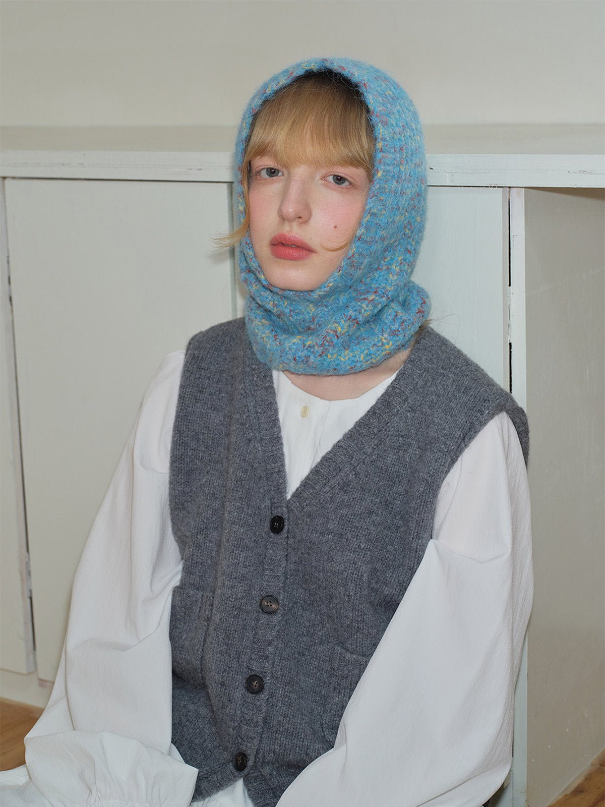 Cagoule tricotée femme hiver, cagoule en laine mélangée douce, capuche col intégrée, balaclava chaude, cagoule sans couture, bonnet cache - cou, modèle Békine - Écharpe - Bleu