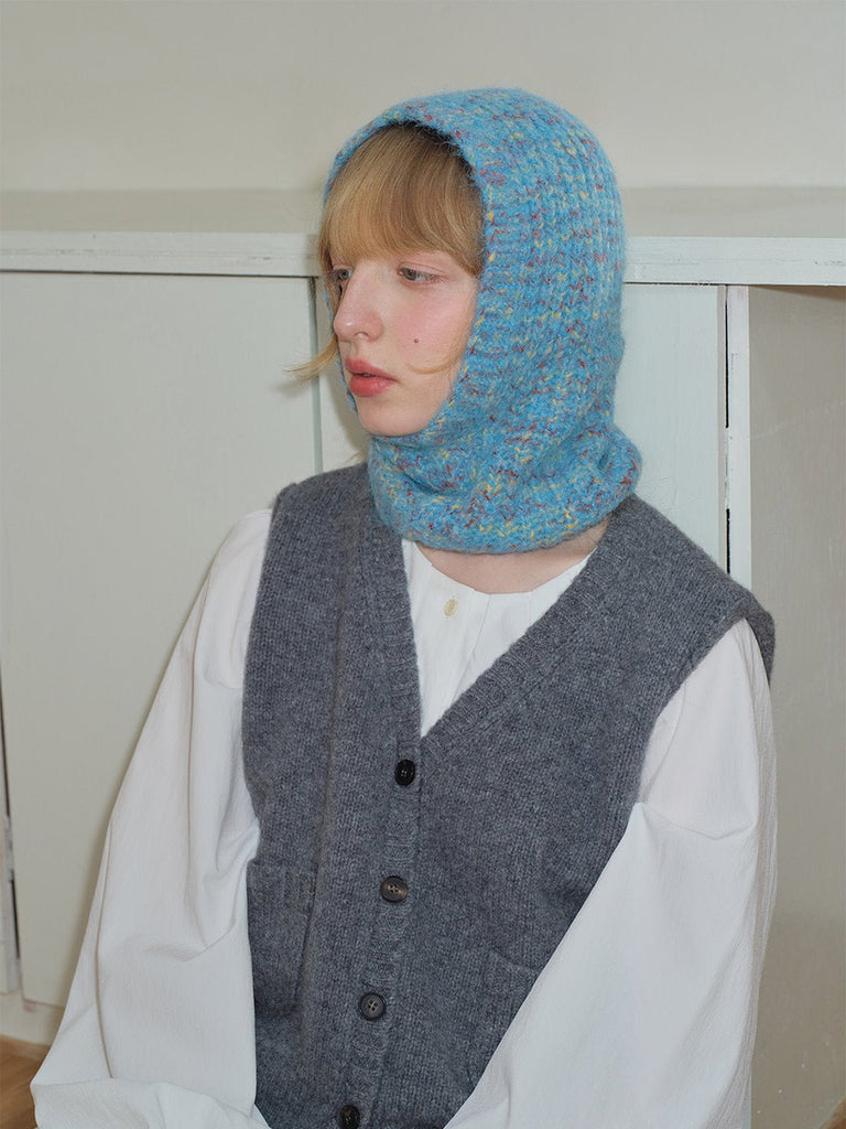 Cagoule tricotée femme hiver, cagoule en laine mélangée douce, capuche col intégrée, balaclava chaude, cagoule sans couture, bonnet cache - cou, modèle Békine - Écharpe - Bleu