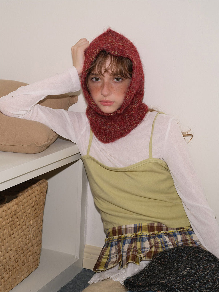 Cagoule tricotée femme hiver, cagoule en laine mélangée douce, capuche col intégrée, balaclava chaude, cagoule sans couture, bonnet cache - cou, modèle Békine - Écharpe - Rouge