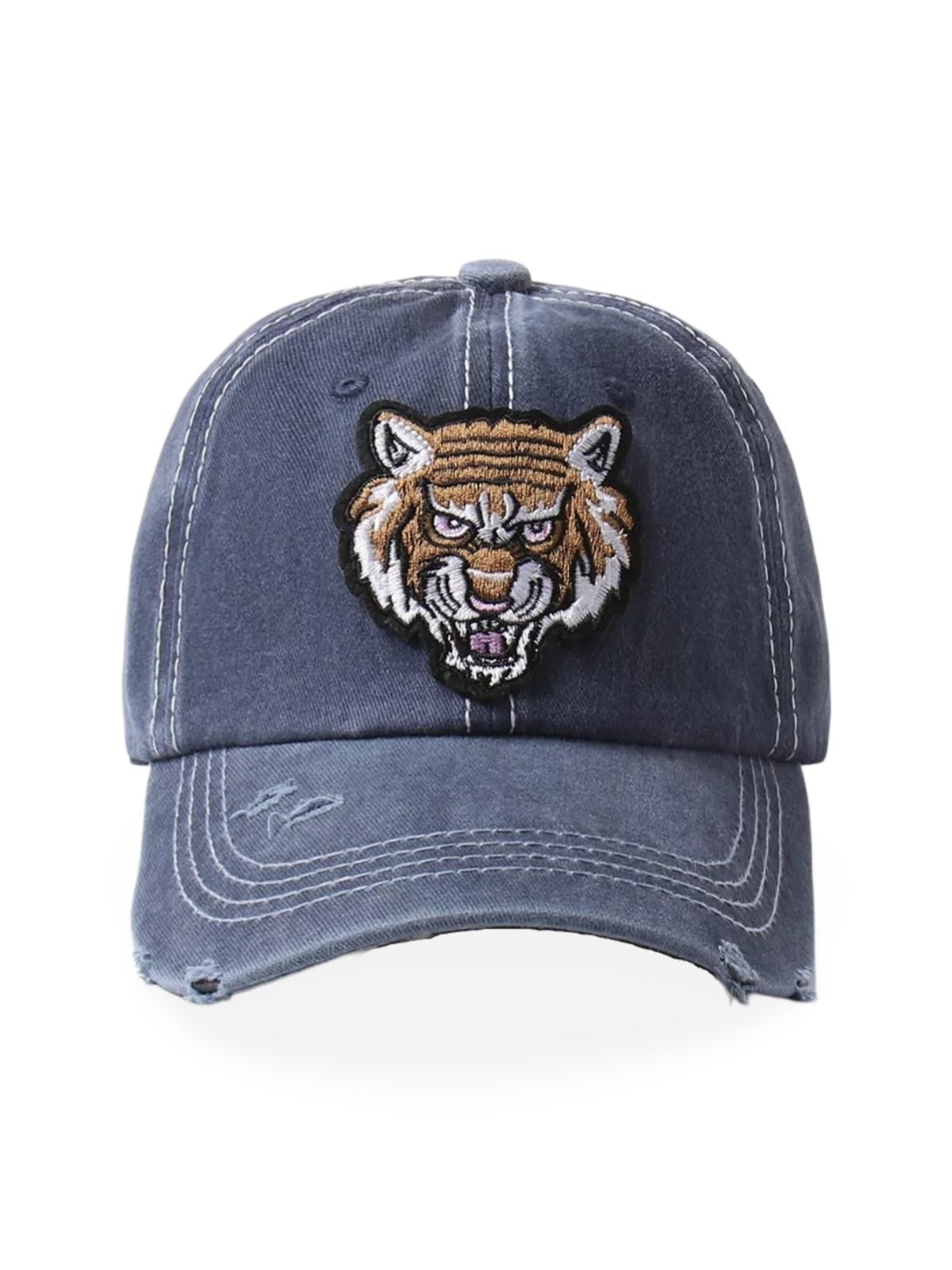 Casquette tigre brodée, style vintage, coton délavé, look usé, mode urbaine, modèle Tigro - Casquette - Bleu