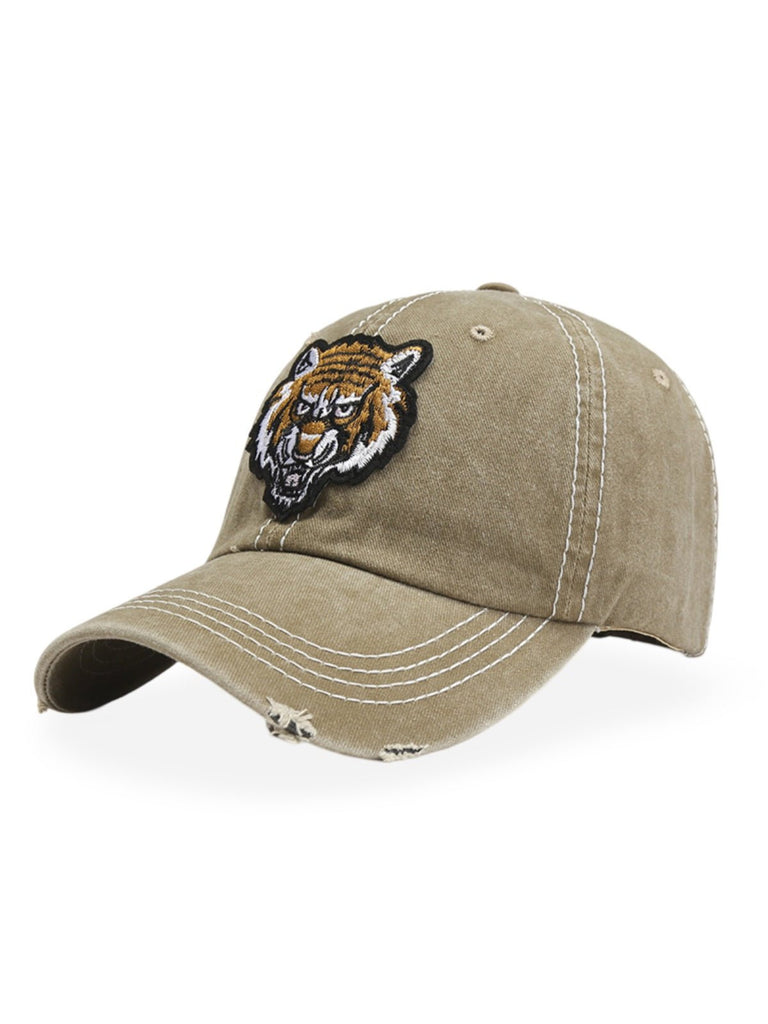 Casquette tigre brodée, style vintage, coton délavé, look usé, mode urbaine, modèle Tigro - Casquette - Beige
