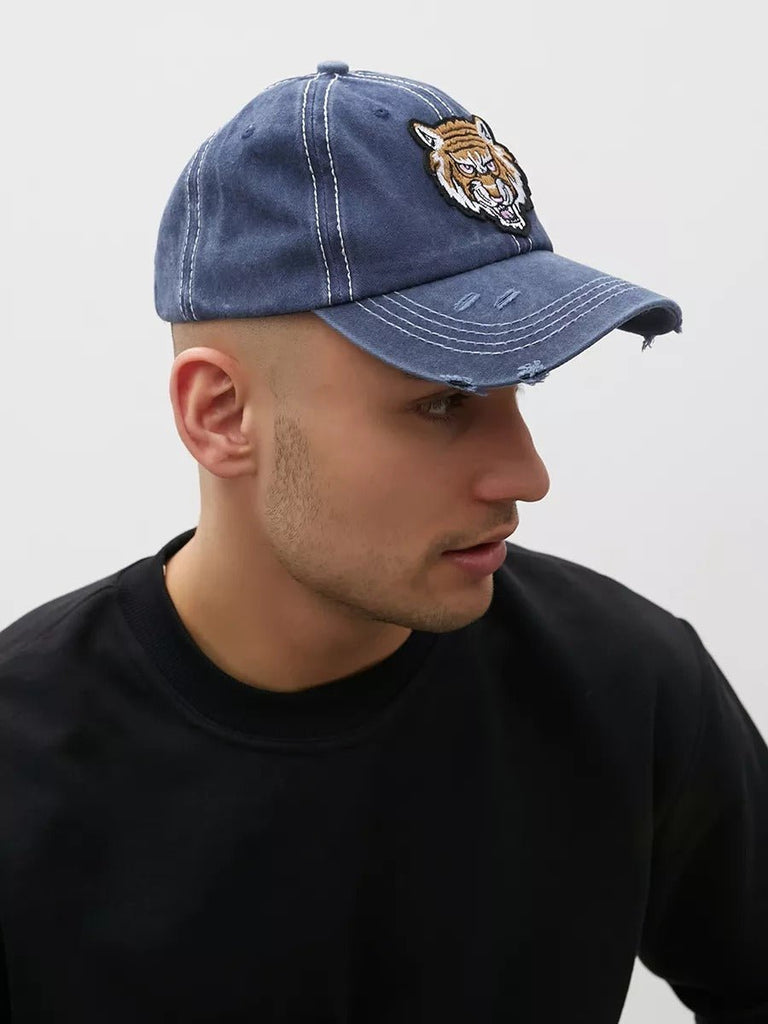 Casquette tigre brodée, style vintage, coton délavé, look usé, mode urbaine, modèle Tigro - Casquette - Bleu
