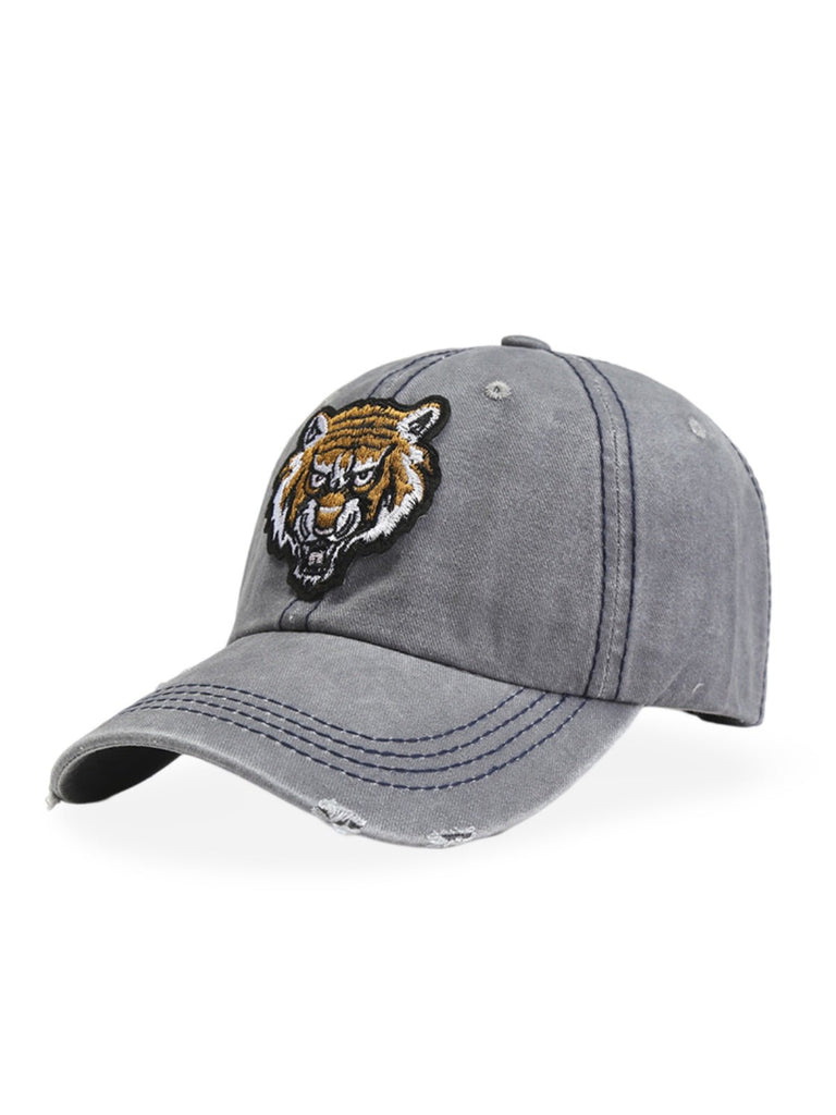 Casquette tigre brodée, style vintage, coton délavé, look usé, mode urbaine, modèle Tigro - Casquette - Gris clair
