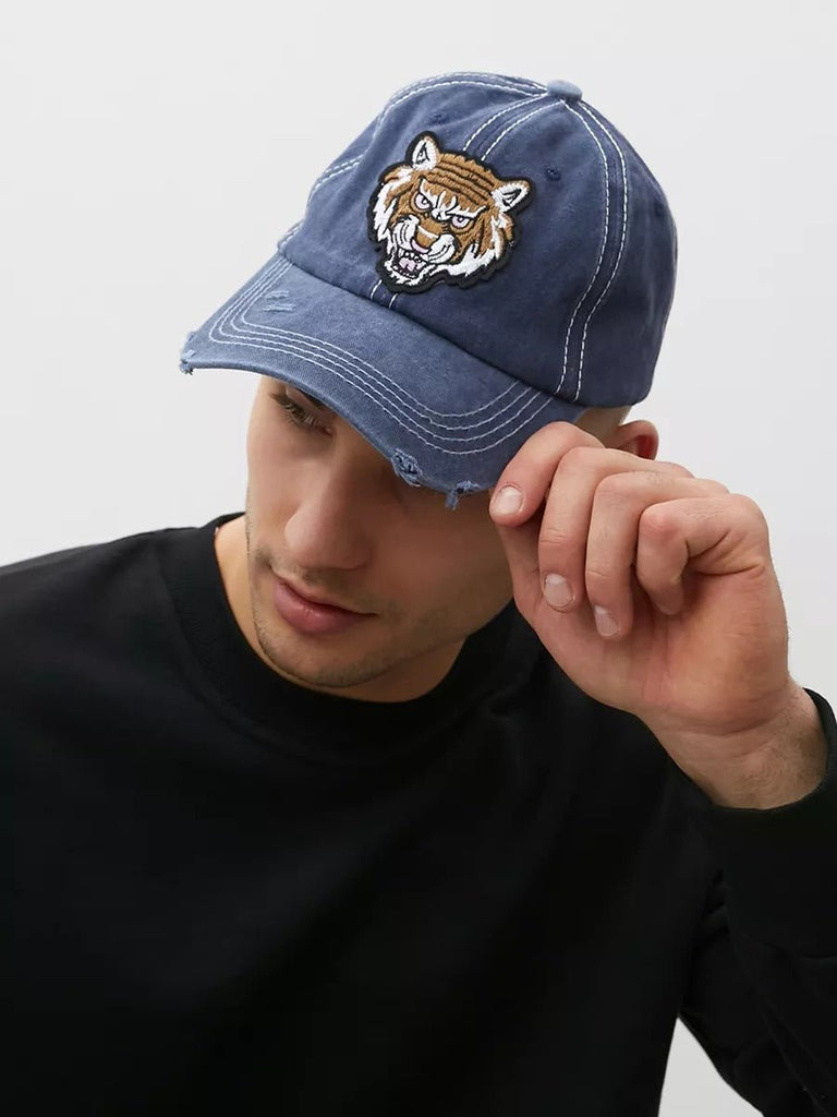 Casquette tigre brodée, style vintage, coton délavé, look usé, mode urbaine, modèle Tigro - Casquette - Bleu