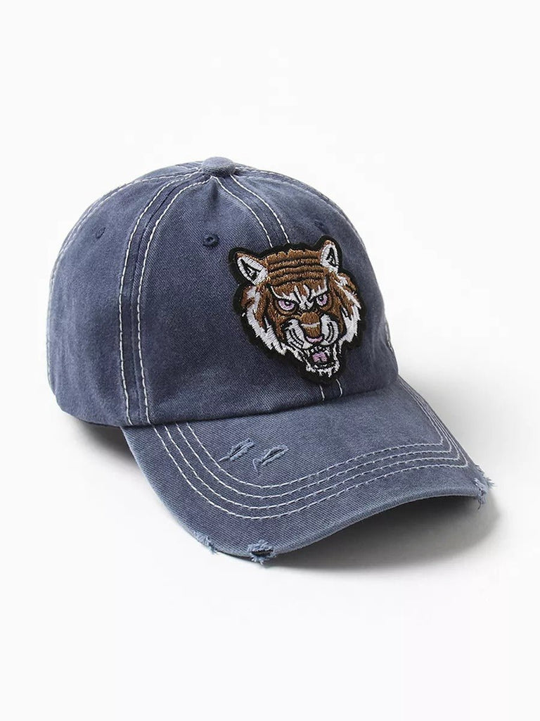 Casquette tigre brodée, style vintage, coton délavé, look usé, mode urbaine, modèle Tigro - Casquette - Bleu