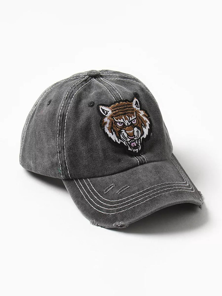 Casquette tigre brodée, style vintage, coton délavé, look usé, mode urbaine, modèle Tigro - Casquette - Gris foncé