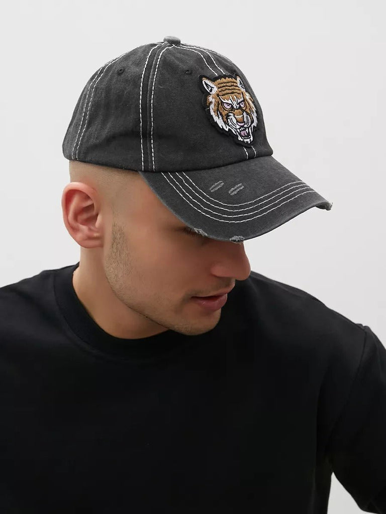 Casquette tigre brodée, style vintage, coton délavé, look usé, mode urbaine, modèle Tigro - Casquette - Gris foncé
